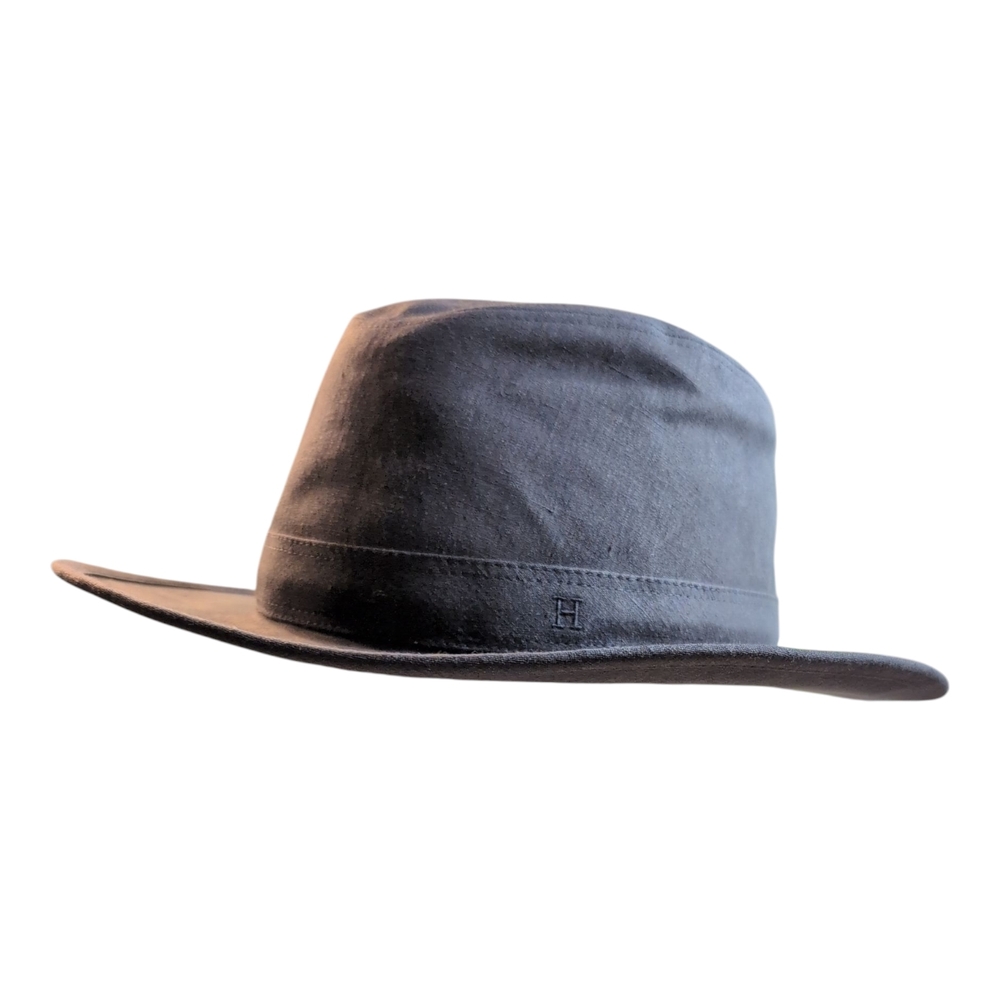 New With Tags Hermes Mens Women's Gray Black Fedora Hat Linen Derby 60 - Picture 11 of 12